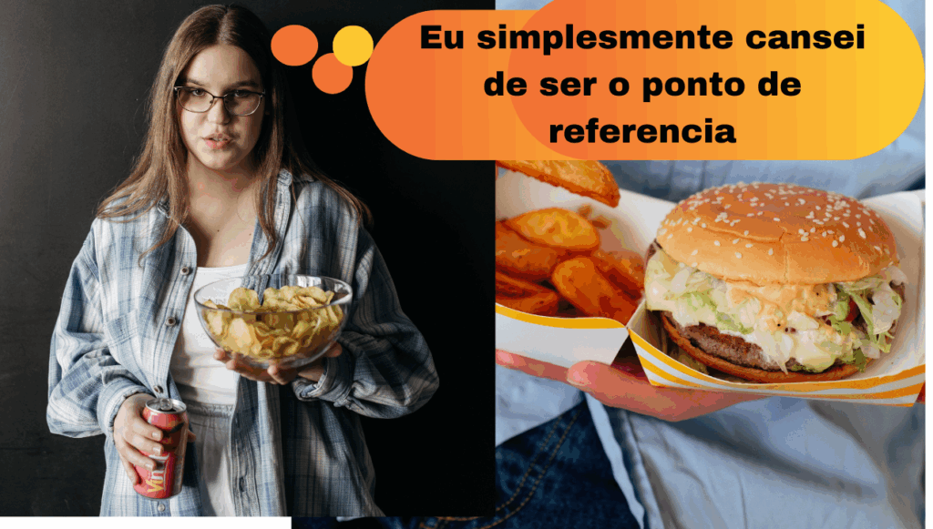 Jovem mulher segurando um prato de batatas fritas e uma lata, com uma refeição de fast food, incluindo hambúrguer e batatas fritas, em primeiro plano, simbolizando escolhas alimentares durante o Desafio 3 Semanas.