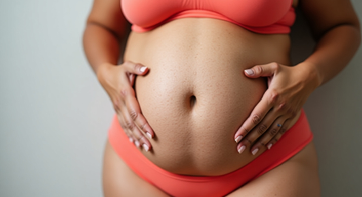 Mulher de pele marrom claro com estrias visíveis na região abdominal, usando maiô coral, com mãos posicionadas na parte inferior do corpo, em fundo cinza claro. Gordura Visceral