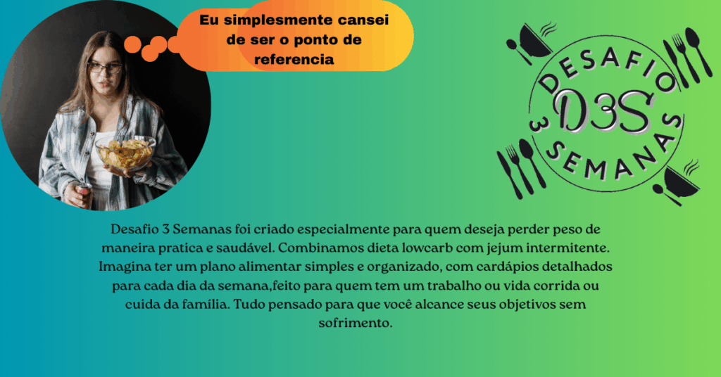 Mulher segurando tigela de batatas fritas em gráfico circular promocional, destacando benefícios de programa de dieta com fundo azul-petróleo e verde.