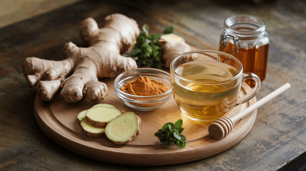 Chá de gengibre com açafrão, mel e ervas frescas em tábua de madeira, destacando os benefícios do gengibre para imunidade com ingredientes naturais.Benefícios do gengibre