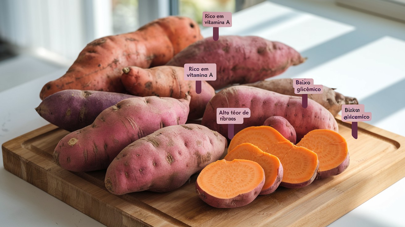 Batata Doce na Airfryer.Batatas-doces laranja, roxo-avermelhado e rosa, inteiras e cortadas, em tábua de madeira com etiquetas nutricionais, ideais para receitas na airfryer.Batata Doce na Airfryer