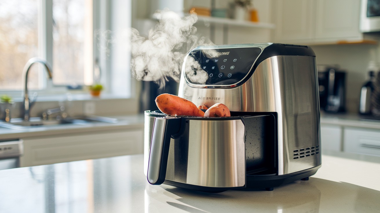 Fritadeira de ar de aço inoxidável com batatas pequenas e cenouras cozinhando, posicionada em uma bancada bege em uma cozinha iluminada com janela ao fundo.Batata Doce na Airfryer