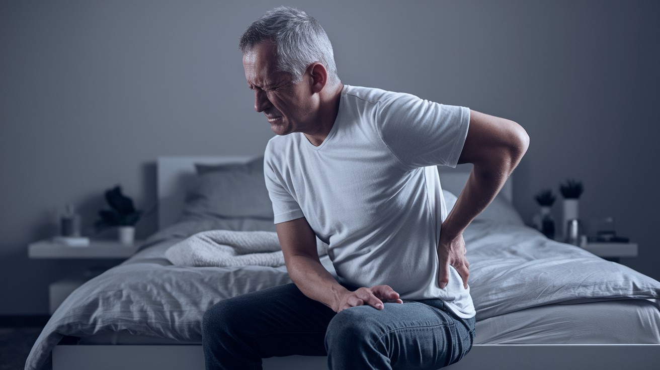 Lombalgia crónica.Homem de meia-idade com lombalgia crônica, sentado em uma cama à noite, com expressão de dor e mãos na região lombar, em um quarto com iluminação suave e tons de cinza.