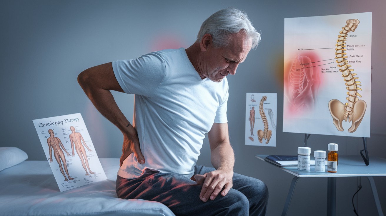 Lombalgia Crônica.Homem idoso com lombalgia crônica, sentado em mesa de exame em consultório médico, com expressão de dor, mãos na região lombar e gráficos anatômicos ao fundo.
