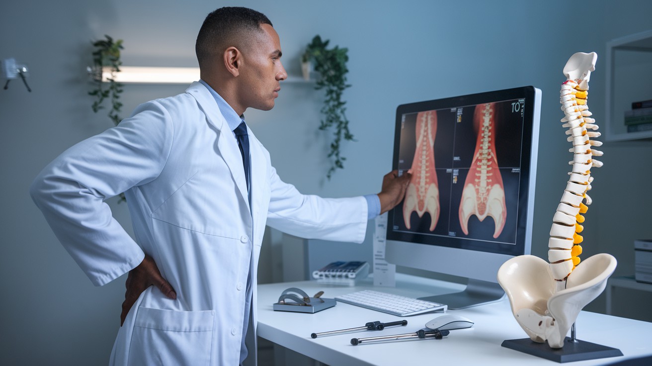Lombalgia Crônica.Médico de meia-idade analisando raio-X de coluna vertebral em consultório moderno, com expressão focada, jaleco branco e modelo anatômico ao lado, investigando Lombalgia Crônica.