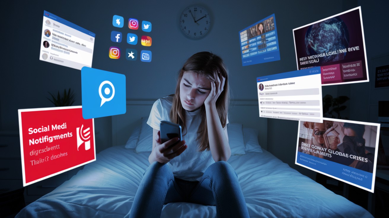 Adolescente preocupada olhando para o smartphone em um quarto à noite, cercada por notificações flutuantes de mídias sociais como Instagram, Twitter e Facebook, simbolizando a ansiedade na geração Z causada pela sobrecarga digital.