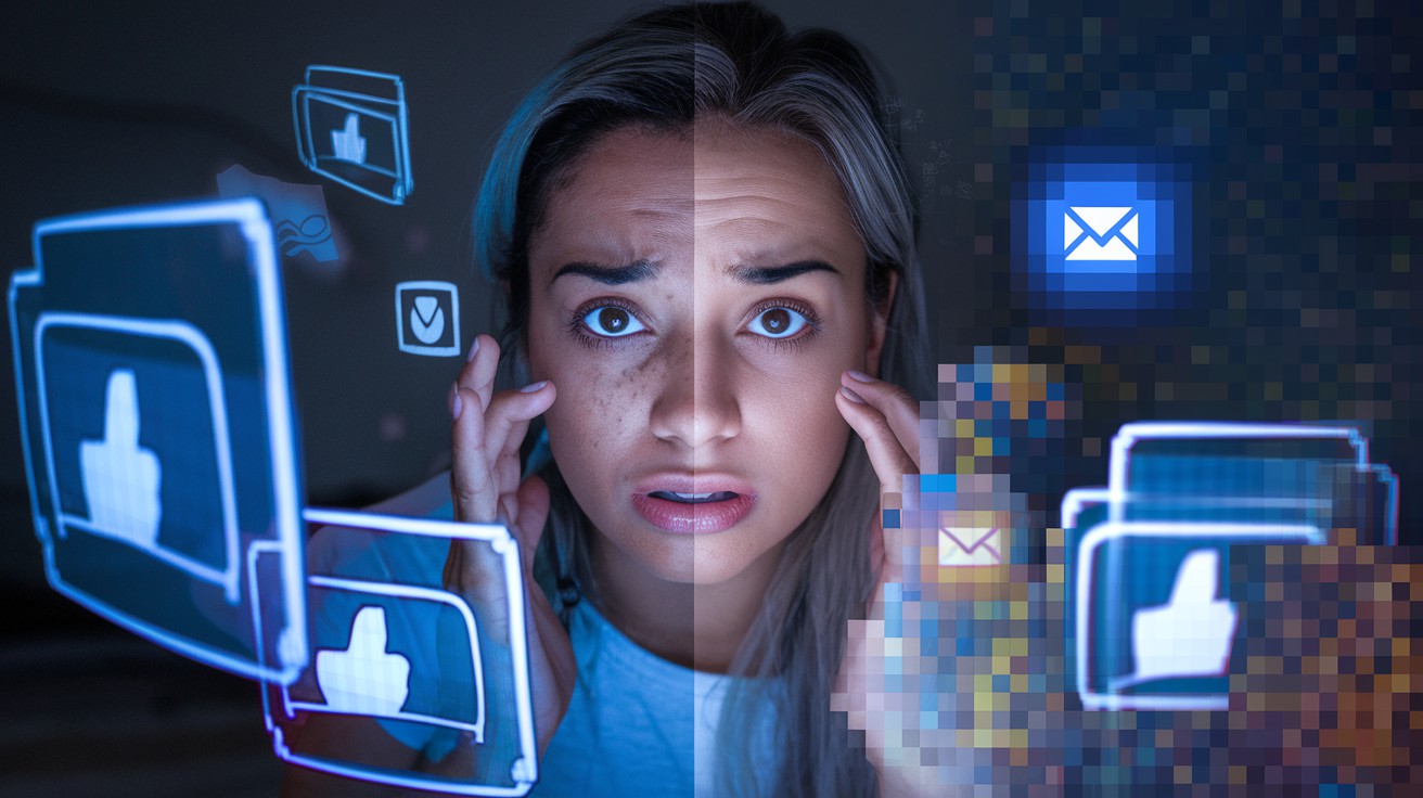 Jovem sul-asiática com expressão preocupada interagindo com uma interface holográfica de ícones digitais, como pastas e e-mails, em um cenário de tons frios, simbolizando a ansiedade na geração Z na era tecnológica.