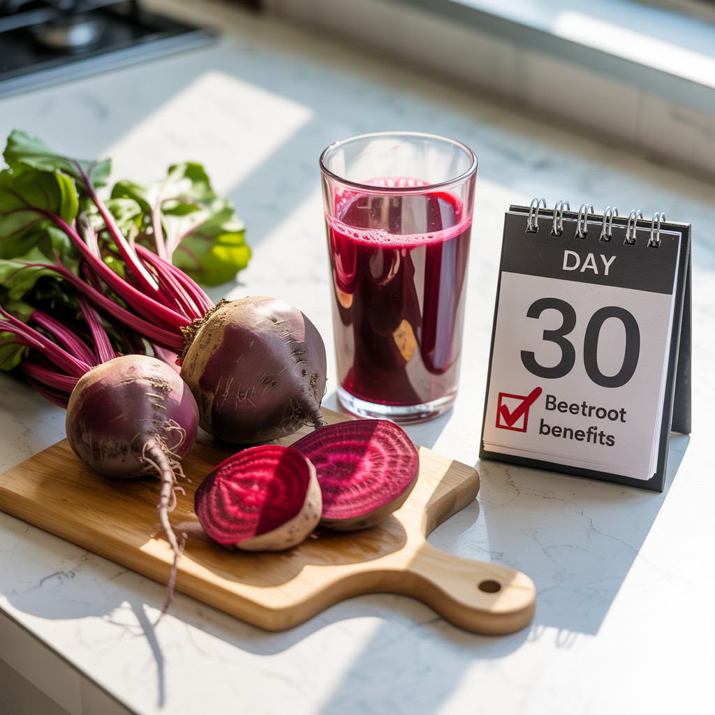 Beterrabas frescas, fatias de beterraba e suco de beterraba vermelho-escuro sobre uma bancada de mármore cinza-claro, com uma tábua de corte de madeira e um calendário destacando os benefícios da beterraba, promovendo um estilo de vida saudável rico em proteína ao comer Beterraba Durante 30 Dias