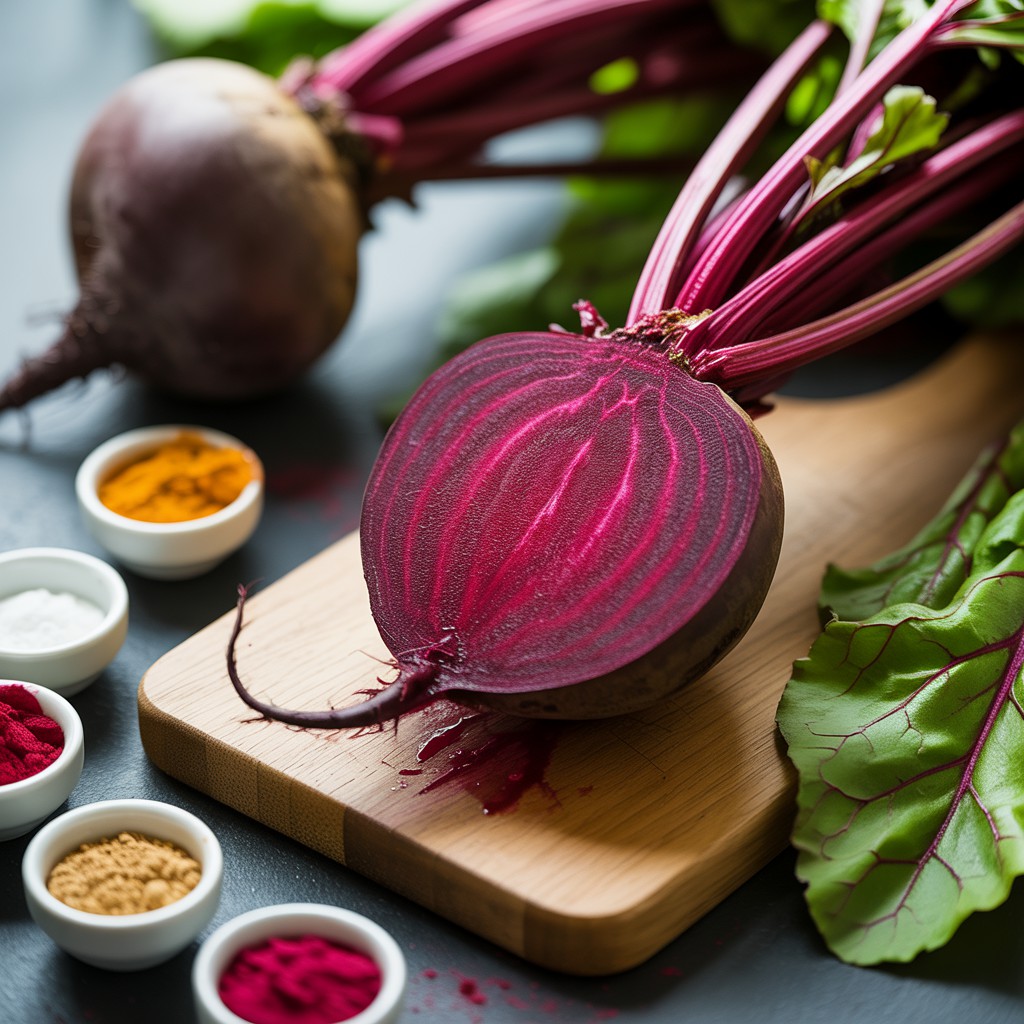 Close-up de uma beterraba fatiada em uma tábua de corte de madeira, com folhas verdes e tigelas de temperos como açafrão e sal em uma superfície cinza escura, destacando os benefícios de comer beterraba durante 30 dias.