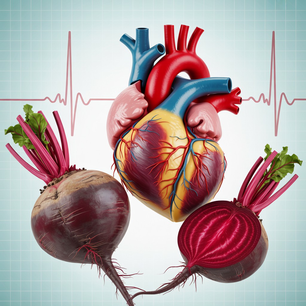 Modelo 3D de um coração humano cercado por beterrabas vibrantes com topos verdes, sobreposto a um gráfico de eletrocardiograma, destacando os benefícios de comer beterraba durante 30 dias para a saúde do coração.