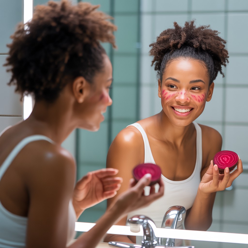 Jovem mulher negra sorrindo no espelho do banheiro, segurando fatias de beterraba e aplicando máscaras faciais de beterraba, com uma expressão alegre, destacando os benefícios de comer beterraba durante 30 dias para a pele.