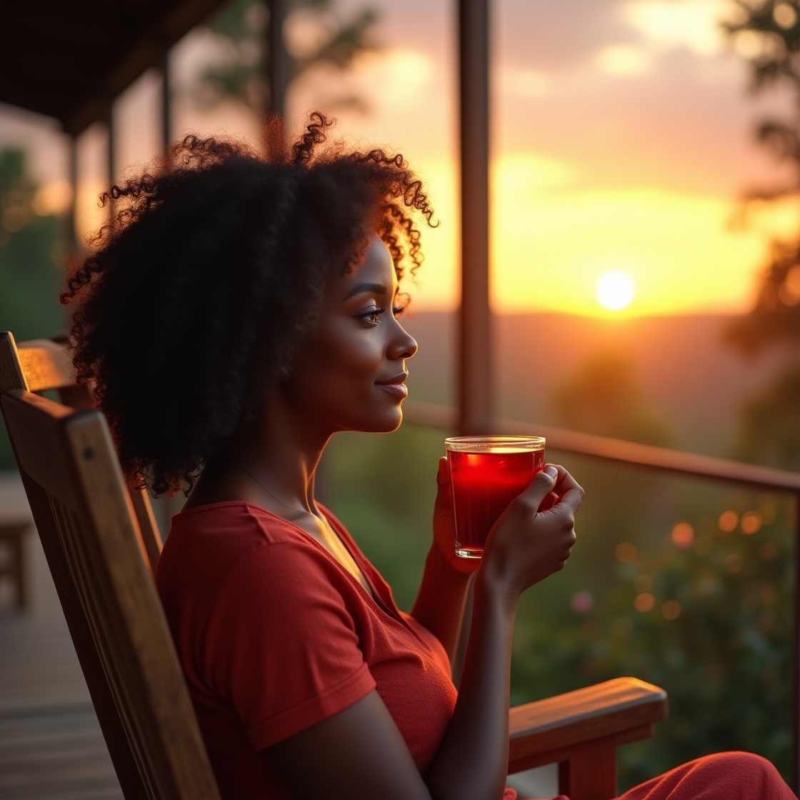 Chá de hibisco: E seus benefícios:Jovem negra relaxada em varanda de madeira, segurando copo de chá de hibisco, contemplando pôr do sol com colinas ao fundo.