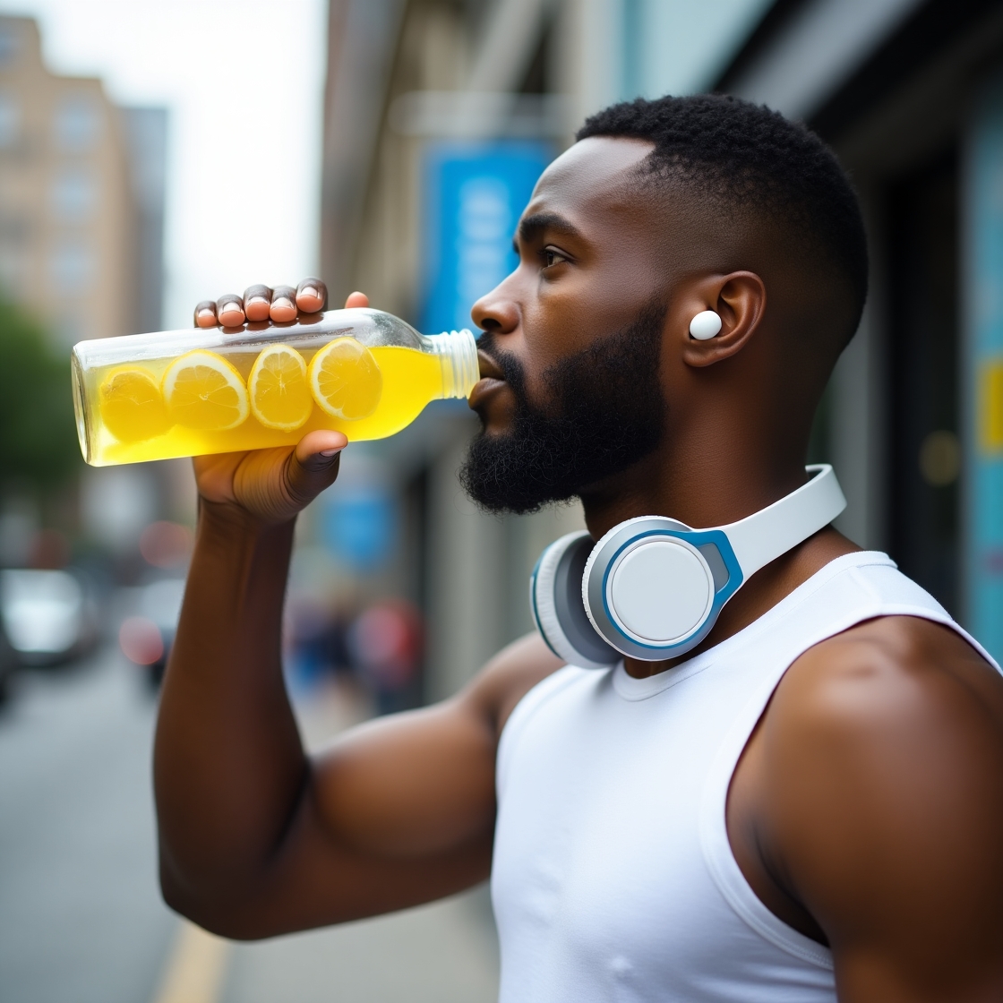 Diminuir a Retenção de Líquidos:Homem atlético de pele escura bebendo água com limão de uma garrafa transparente em ambiente urbano, com fones de ouvido ao redor do pescoço, sob luz natural.