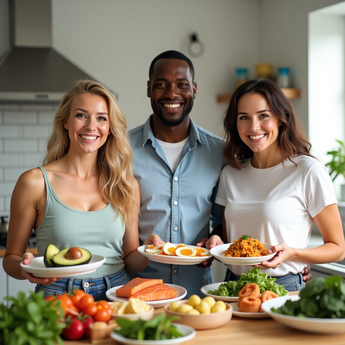 Dieta Cetogênica.Três adultos sorrindo em uma cozinha, segurando pratos com alimentos cetogênicos como abacate, ovos, salmão e vegetais, sobre uma mesa de madeira com fundo cinza.