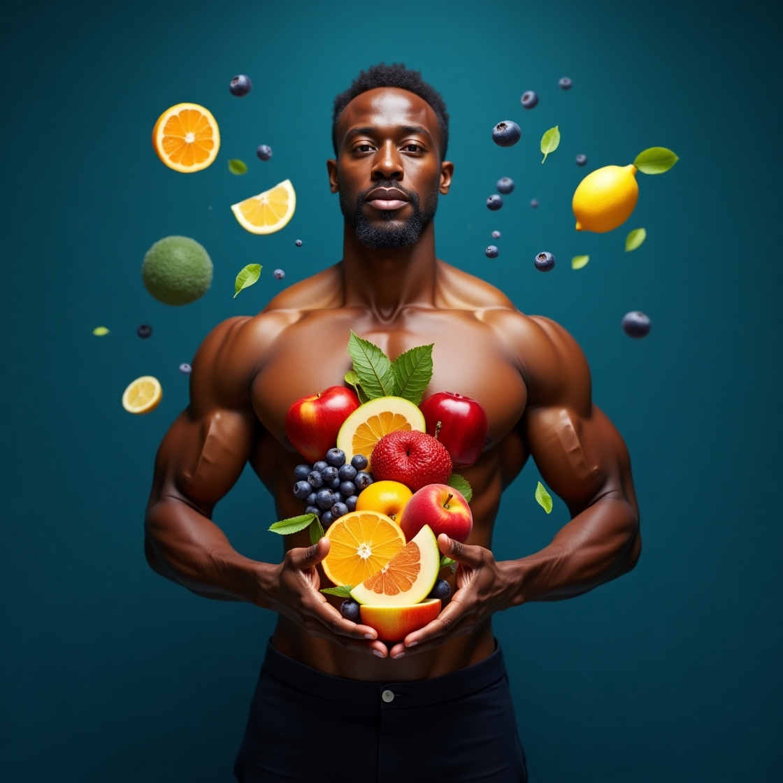 Dieta Cetogênica.Homem musculoso de pele escura segurando frutas vibrantes, como maçãs, laranjas, toranjas e mirtilos, contra um fundo azul-petróleo, representando saúde e vitalidade na dieta cetogênica.