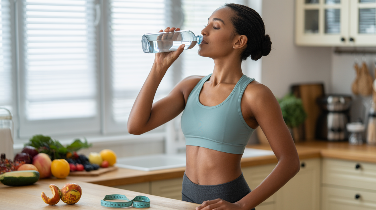 Diminuir a Retenção de Líquidos.Jovem negra atlética com top azul-petróleo e leggings cinza, bebendo água de uma garrafa de vidro em uma cozinha iluminada com frutas frescas e fita métrica no balcão, simbolizando saúde e prevenção da retenção de líquidos.