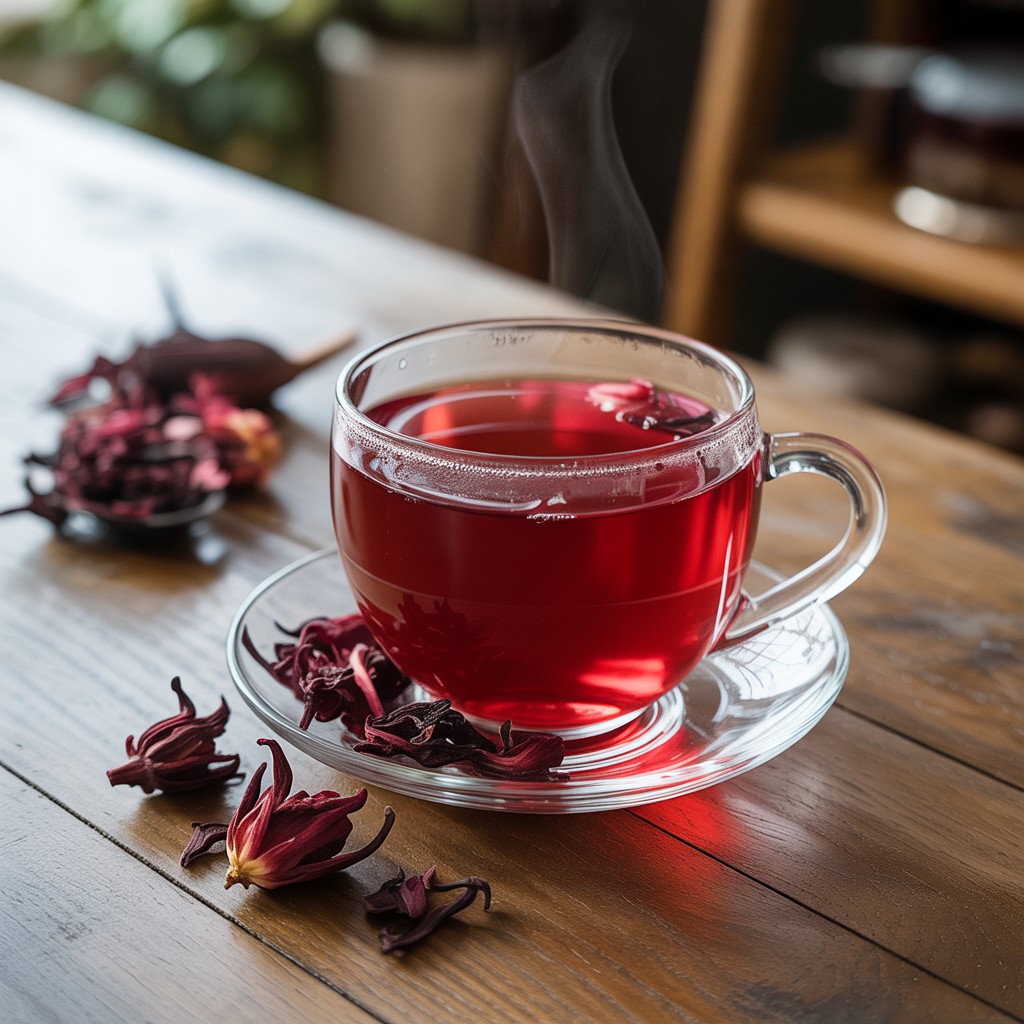 Chá de hibisco: E seus benefícios:Xícara de vidro transparente com chá de hibisco vermelho vibrante sobre mesa de madeira, cercada por flores de hibisco secas, com vapor suave e iluminação quente, destacando seus benefícios à saúde.
