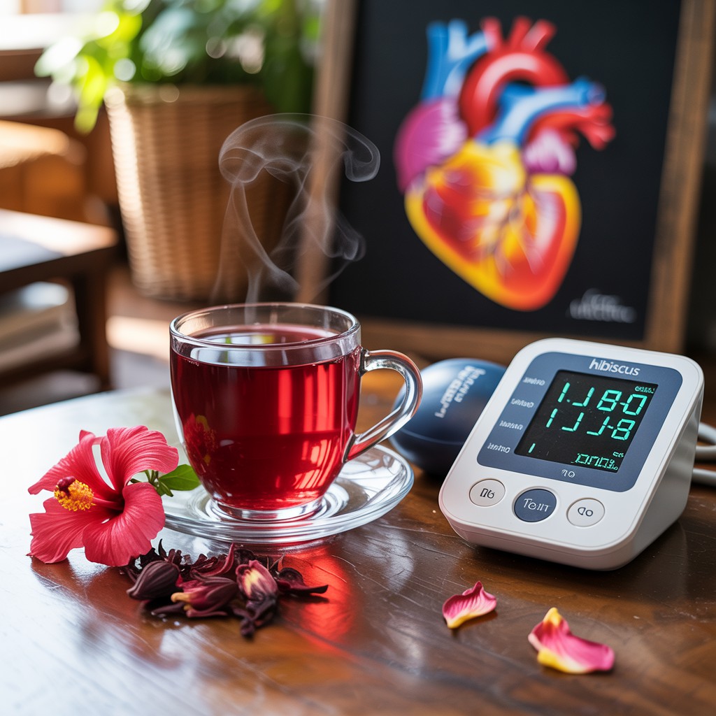 Chá de hibisco: E seus benefícios:Xícara de vidro com chá de hibisco vermelho quente sobre mesa de madeira, cercada por flores de hibisco secas, com monitor de pressão arterial e pôster de coração ao fundo, destacando benefícios para a saúde.