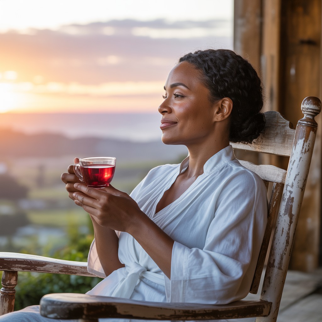 Chá de hibisco: E seus benefícios:Mulher negra de meia-idade, serena, em uma cadeira de balanço na varanda, segurando uma xícara de chá de hibisco vermelho-roxo, com um pôr do sol vibrante sobre colinas ao fundo, destacando os benefícios à saúde.