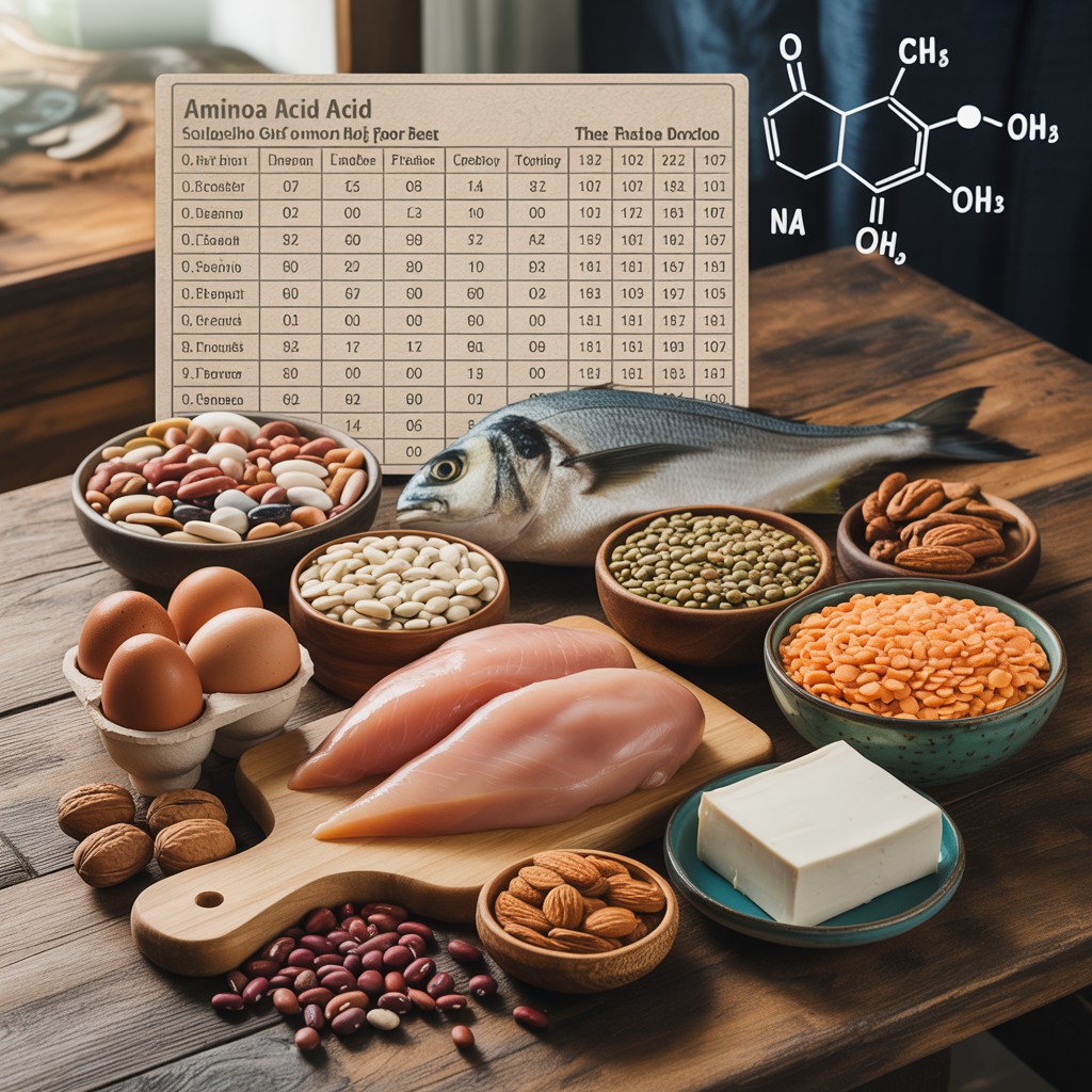 Alimentos Ricos em Proteína.Imagem em close-up de uma mesa de madeira com alimentos ricos em proteína, incluindo feijões, lentilhas, amêndoas, nozes, tofu, peitos de frango crus, ovos e um peixe cru, com um gráfico de aminoácidos ao fundo, destacando opções nutritivas.
