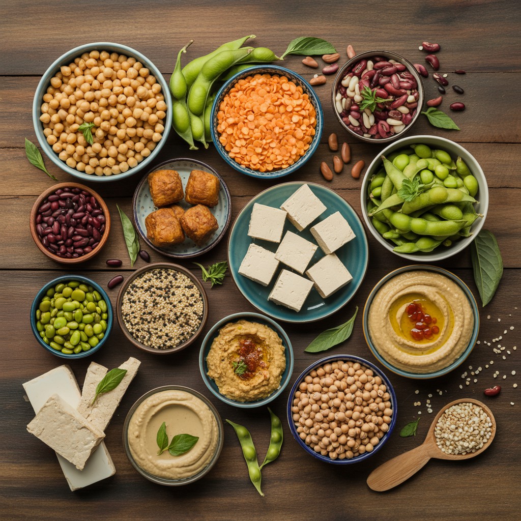Alimentos Ricos em Proteína.Imagem em plano geral de uma mesa de madeira escura com tigelas e pratos contendo grão-de-bico, feijão-roxo, edamame, lentilhas, tofu e homus, acompanhados de uma colher de quinoa, destacando alimentos ricos em proteína vegetariana.