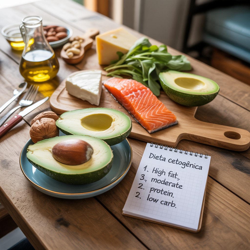 Dieta Cetogênica.Mesa de madeira com alimentos cetogênicos, incluindo abacates, salmão, queijos, espinafre, amêndoas e um bloco de notas com os princípios da dieta cetogênica.