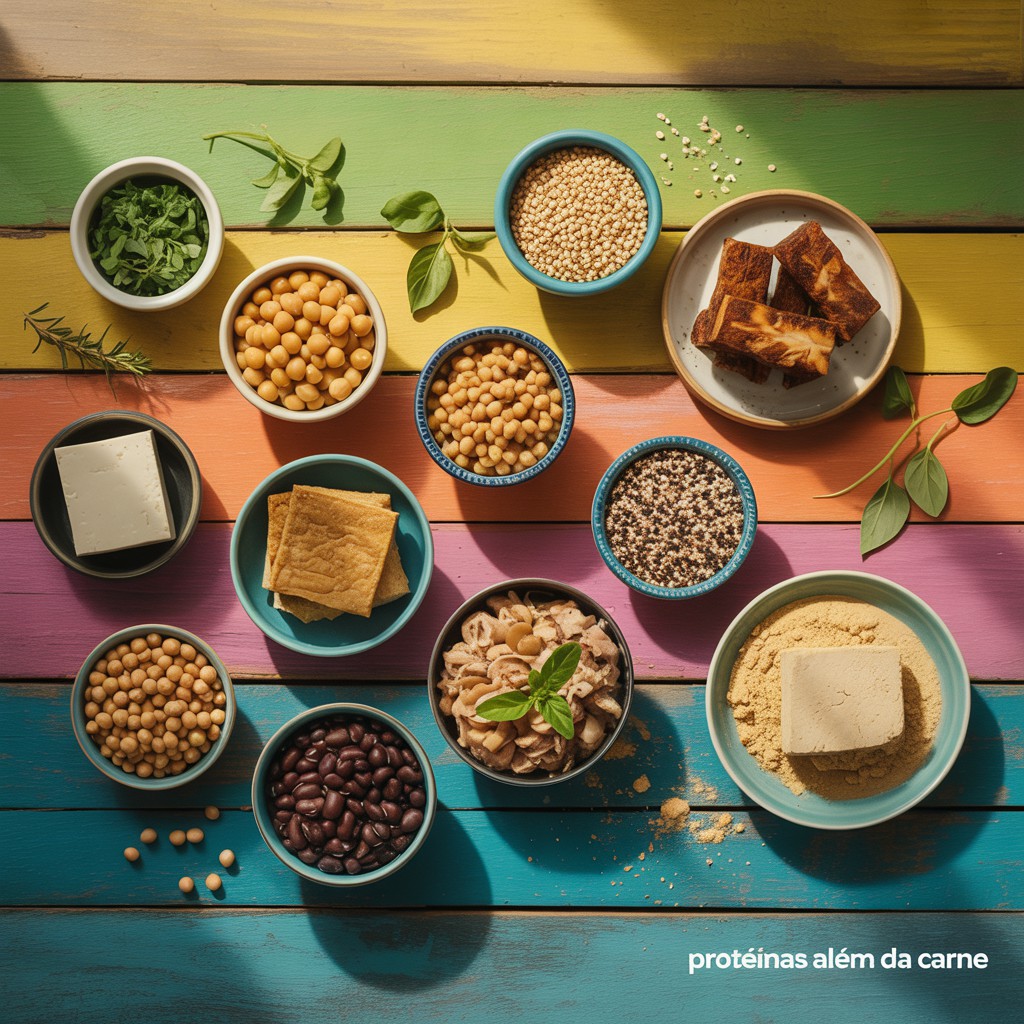 Proteínas para substituir a carne.Tigelas coloridas com feijão, grãos, tofu e outras fontes de proteína vegetal dispostas sobre tábuas de madeira vibrantes, exibindo alternativas saudáveis e sustentáveis para substituir a carne.