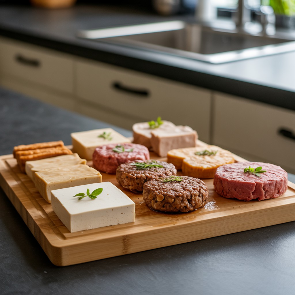 Proteínas para substituir a carne.Variedade de substitutos de carne e proteínas à base de plantas, incluindo hambúrgueres e blocos, dispostos em uma tábua de corte de bambu sobre uma bancada de pedra cinza, com ervas frescas, ideal para dietas vegetarianas e veganas.