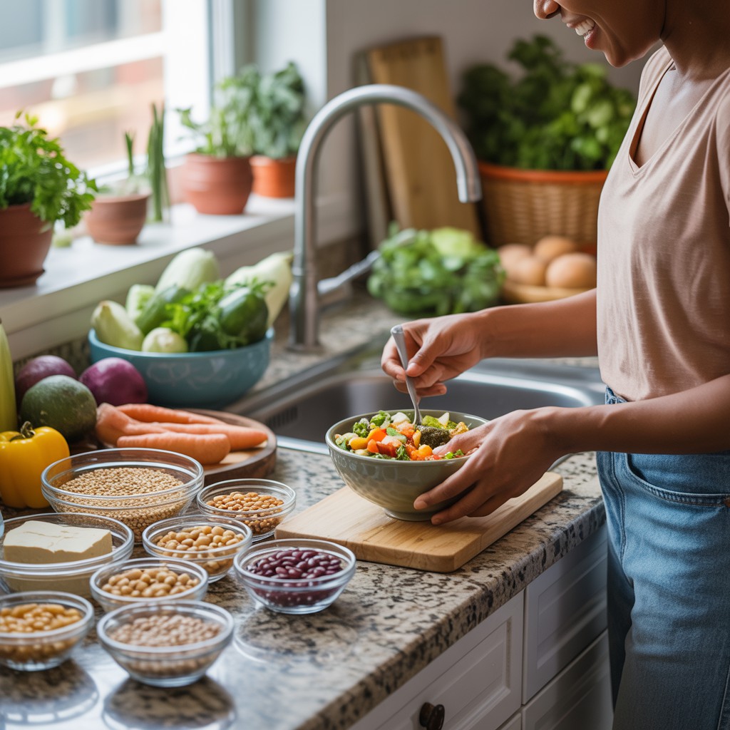 Proteínas para substituir a carne.Mulher sorridente em uma cozinha iluminada preparando uma tigela de vegetais coloridos com grãos, ideal para receitas com proteínas para substituir a carne.