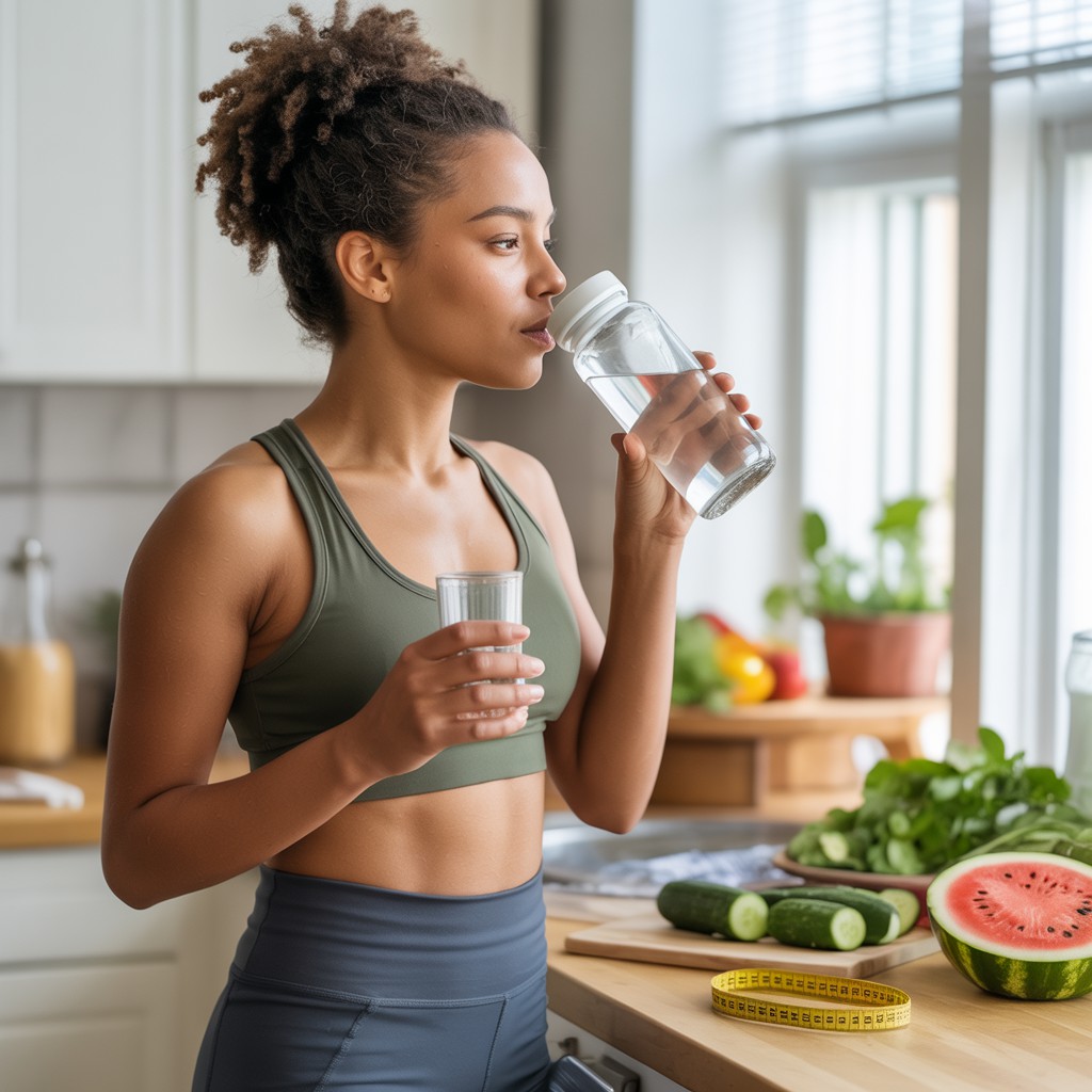 Diminuir a Retenção de Líquidos.Mulher jovem de pele escura bebendo água em cozinha com frutas, vegetais e fita métrica, promovendo saúde e combate à retenção de líquidos.