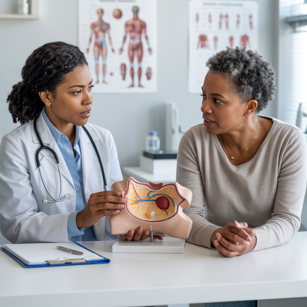 Diminuir a Retenção de Líquidos.Médica negra explicando retenção de líquidos a paciente em consultório com modelo anatômico e gráficos na parede.