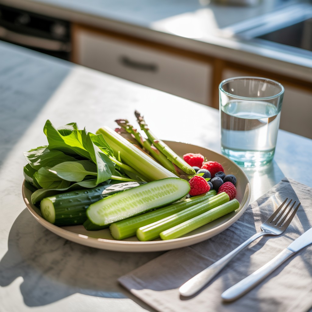 Diminuir a Retenção de Líquidos:Prato com vegetais e frutas frescas, incluindo pepino, aipo, aspargos, espinafre, framboesas e mirtilos, ao lado de um copo de água, sobre bancada de mármore em cozinha moderna.