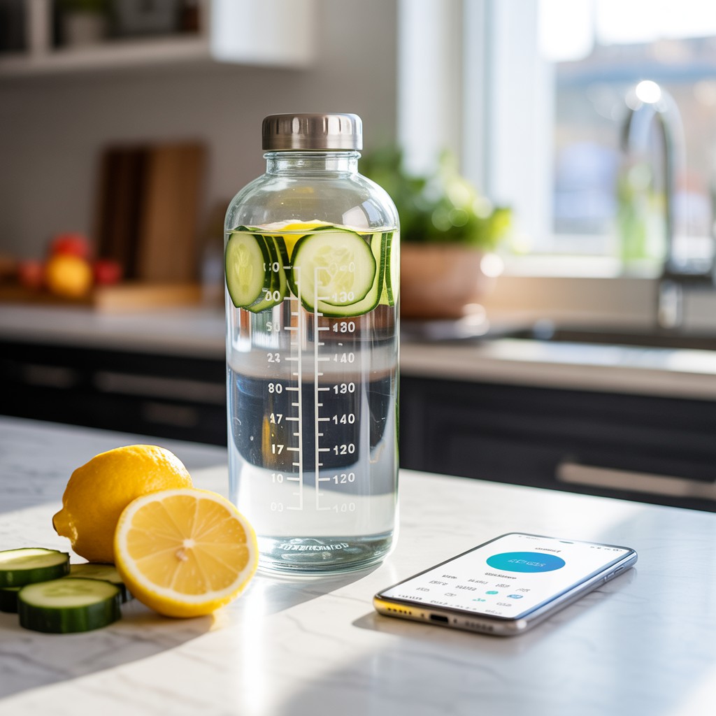 Diminuir a Retenção de Líquidos:Garrafa de vidro com água infusionada com pepino e limão sobre bancada de mármore, ao lado de um smartphone exibindo aplicativo de saúde, em uma cozinha moderna com luz natural.