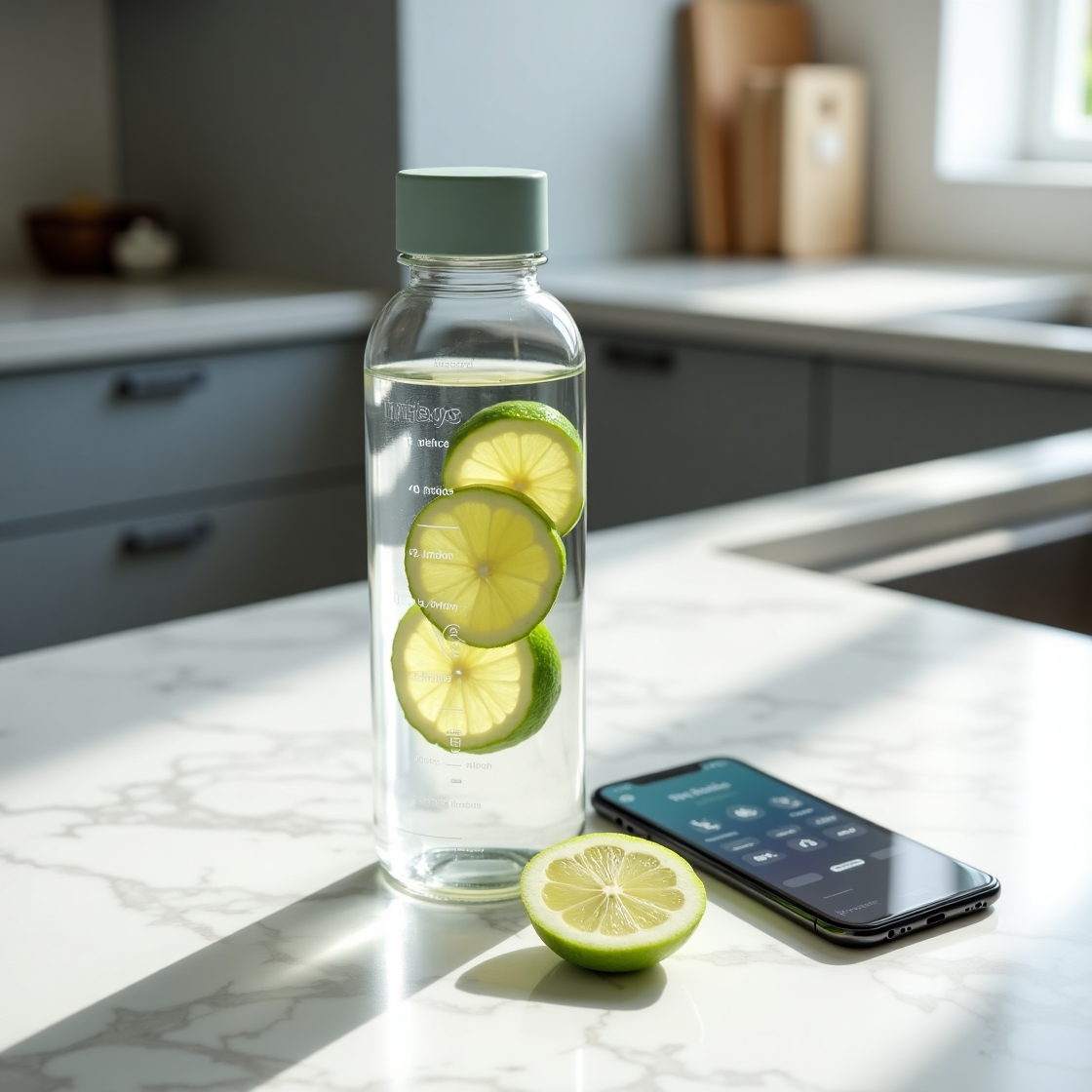 Garrafa de vidro transparente com água e fatias de limão sobre uma bancada de mármore branco, ao lado de uma meia-lima e um smartphone, em uma cozinha moderna e minimalista, destacando os benefícios da água com limão para a hidratação saudável.