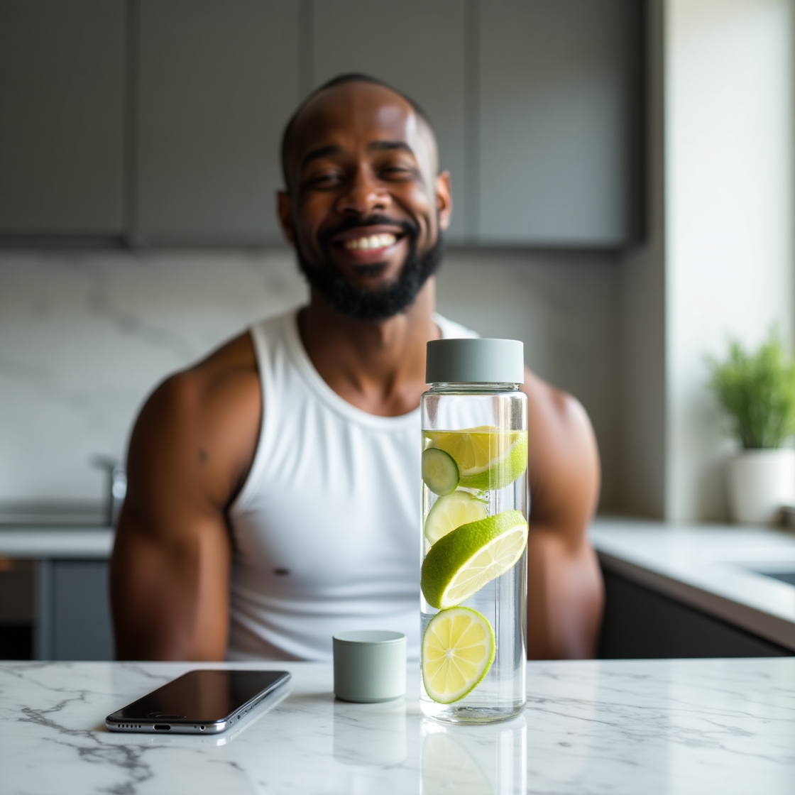 Homem sorridente segurando uma garrafa de água com limão e pepino em uma cozinha moderna, com bancada de mármore, smartphone e xícara ao lado, destacando os benefícios da água com limão para a hidratação saudável.
