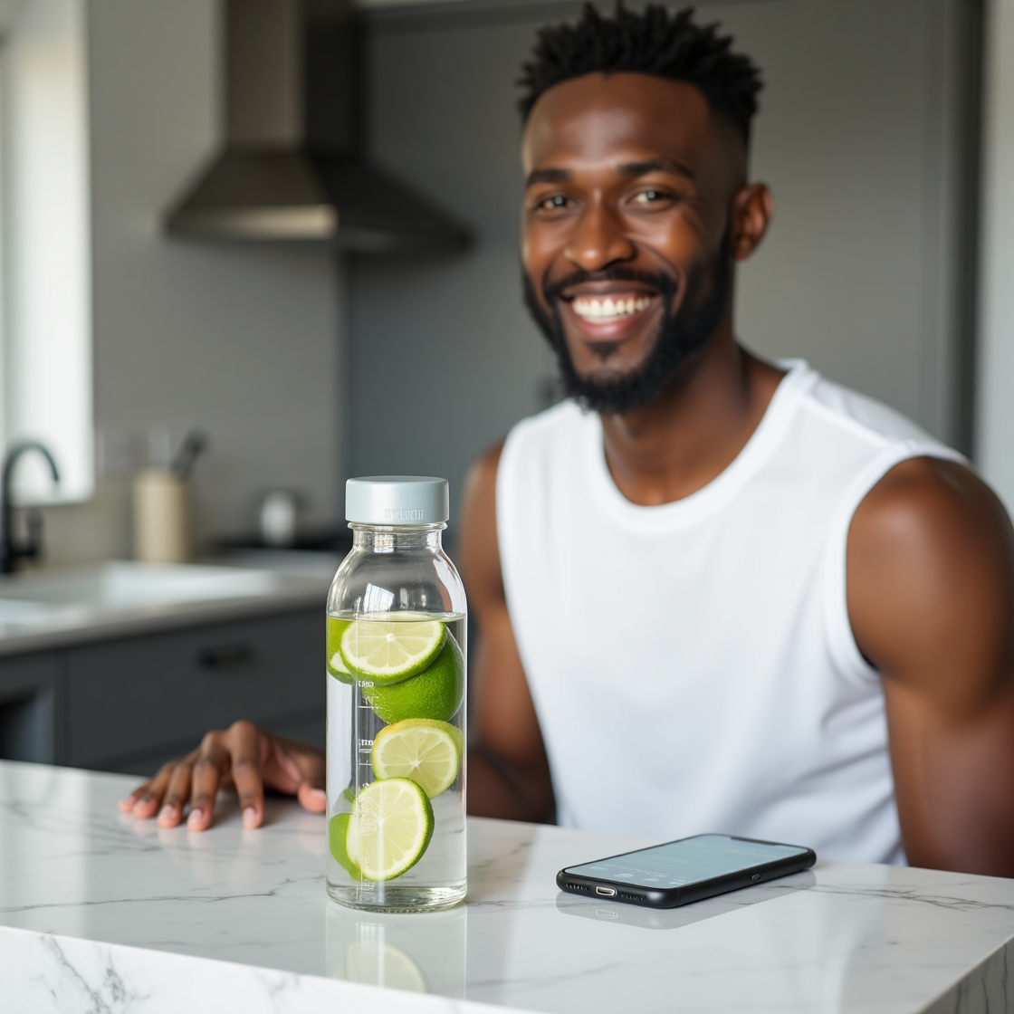 Homem sorridente segurando uma garrafa de água com limão em uma cozinha moderna, com bancada de mármore e smartphone ao lado, destacando os benefícios da água com limão para a hidratação e bem-estar.