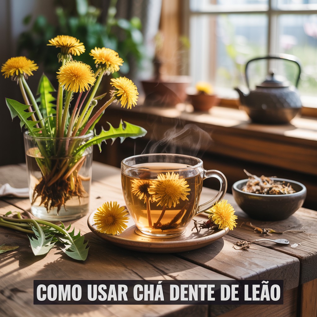 Chá de Dente de Leão.Xícara de vidro com chá de dente-de-leão fumegante sobre mesa de madeira rústica, acompanhada de flores secas, um vaso com planta de dente-de-leão e um bule ao fundo, sob luz natural.