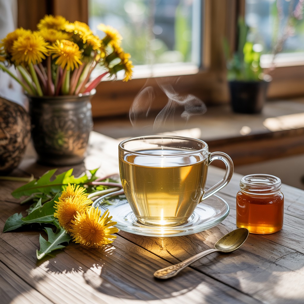 Chá de Dente de Leão.Xícara de chá de dente de leão amarelo-claro fumegando sobre mesa de madeira, com flores de dente-de-leão, pote de mel e vaso vintage ao fundo, iluminada por luz solar suave.