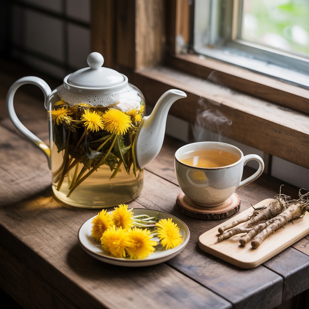 Chá de Dente de Leão.Bule de vidro com chá de dente de leão amarelo-claro fumegante, xícara de chá, flores frescas e raízes de bardana sobre mesa de madeira em uma cozinha aconchegante.