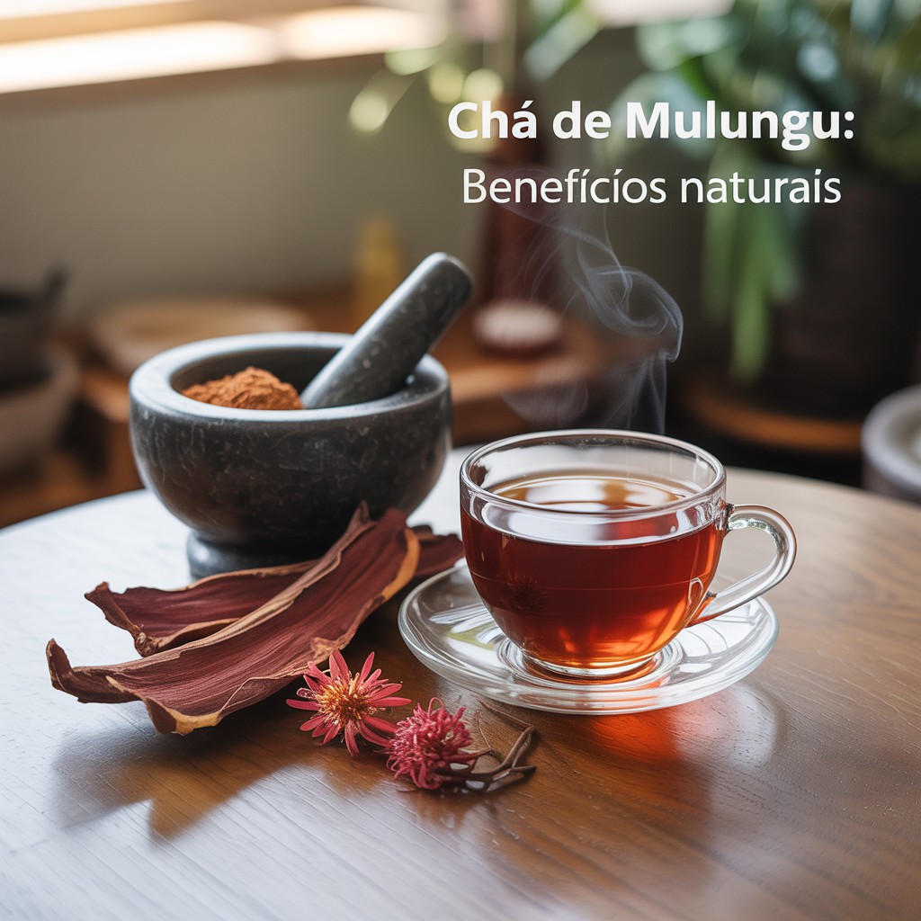 Chá de Mulungu: Xícara de vidro com chá de mulungu marrom-escuro sobre mesa de madeira, com cascas secas, flores rosa-avermelhadas e pilão com pó ao lado, em uma atmosfera serena de remédios herbais.