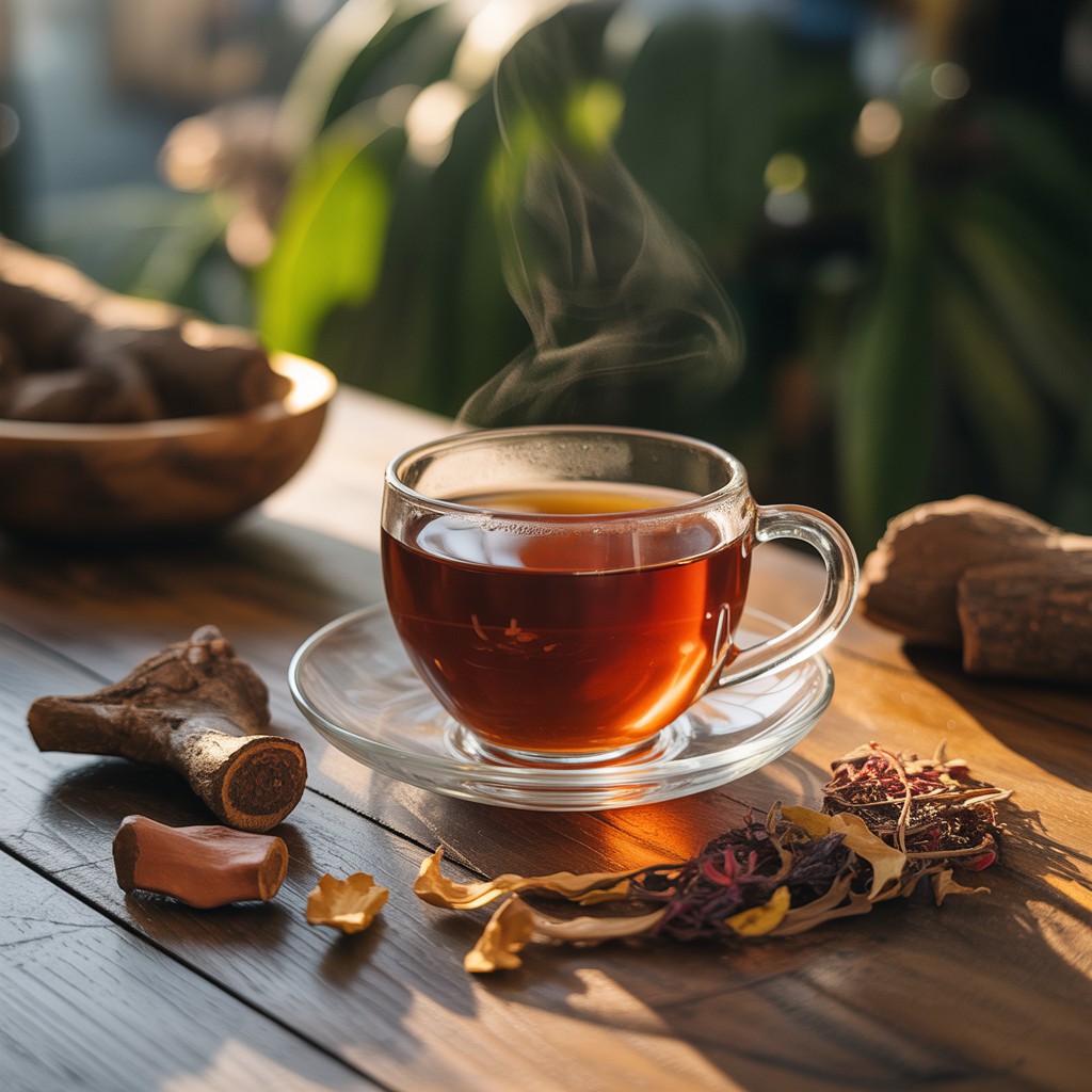 Chá de Mulungu:Xícara de vidro transparente com chá de mulungu fumegante sobre uma mesa de madeira, cercada por pétalas secas e pedaços de madeira, com uma tigela de madeira ao fundo e luz solar suave iluminando a cena natural.