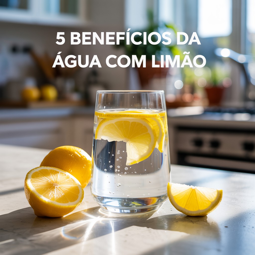 Copo transparente com água e rodelas de limão sobre bancada cinza-claro em uma cozinha iluminada pelo sol, com limões ao lado e texto sobreposto destacando "5 benefícios da água com limão".