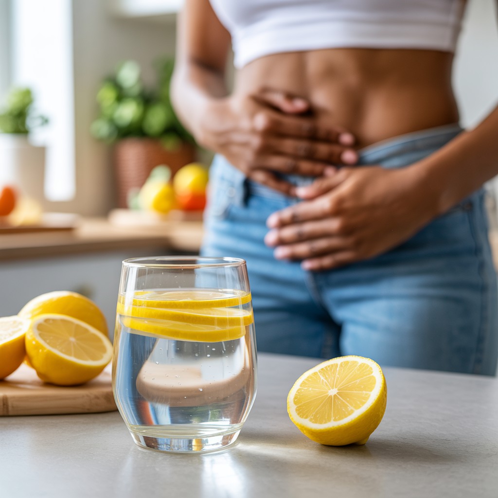 Mulher de meia-idade com expressão de desconforto digestivo em uma cozinha, com um copo de água com rodelas de limão no centro da bancada, destacando os benefícios da água com limão para a saúde.