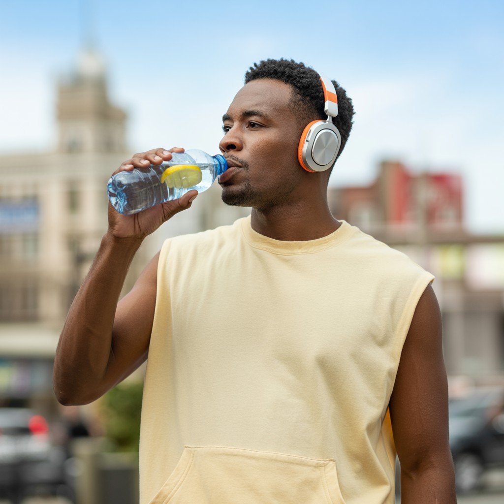 Homem de pele escura bebendo água com limão de uma garrafa plástica, usando fones de ouvido sem fio, em uma cena urbana ao ar livre, destacando os benefícios da água com limão para a saúde.