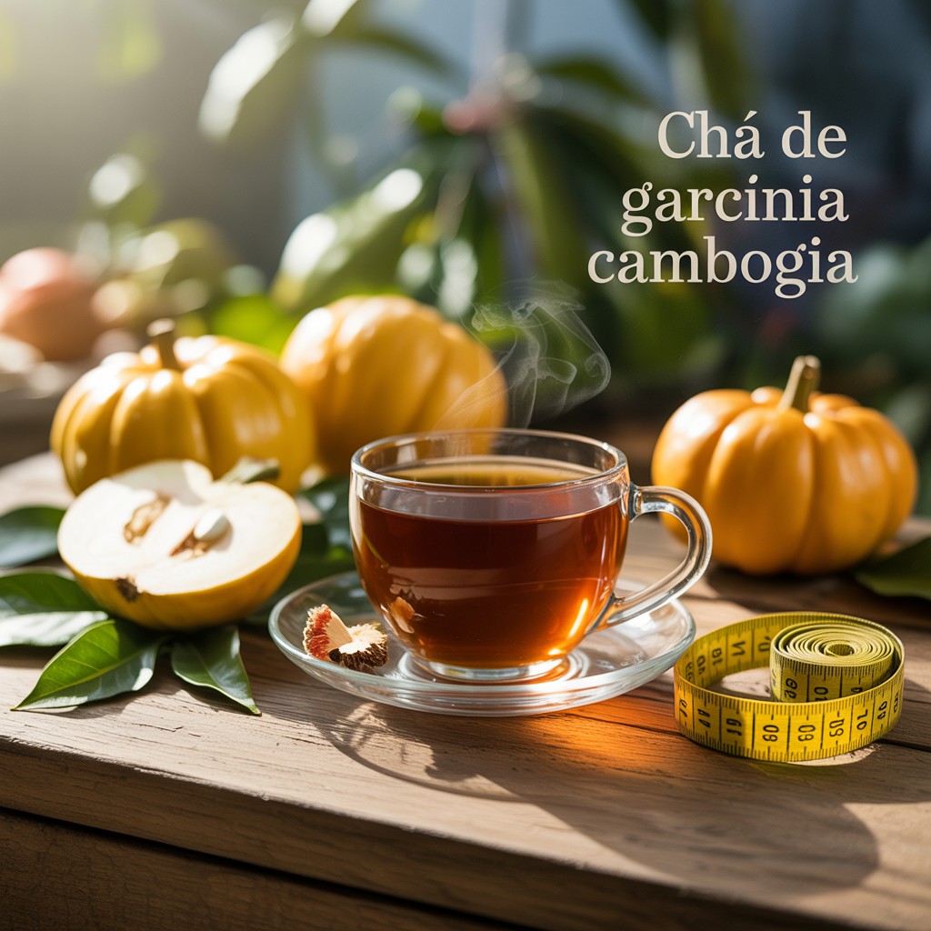 Chá de Garcínia Cambogia fumegante em xícara de vidro sobre superfície de madeira, cercado por frutas alaranjadas frescas, folhas verdes e elementos naturais, promovendo saúde e emagrecimento natural.