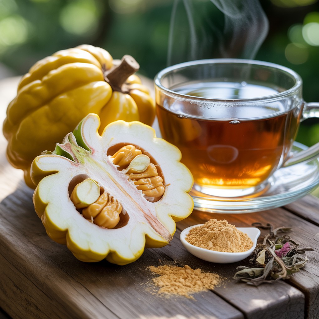 Imagem close-up de natureza morta com fruto de Garcínia Cambogia cortado ao meio, exibindo interior carnudo e sementes, ao lado de um chá de Garcínia Cambogia fumegante em xícara de vidro, pó marrom claro em colher e folhas secas, sobre superfície de madeira rústica com folhagem verde ao fundo – benefícios do chá de Garcínia Cambogia para emagrecimento e relaxamento.