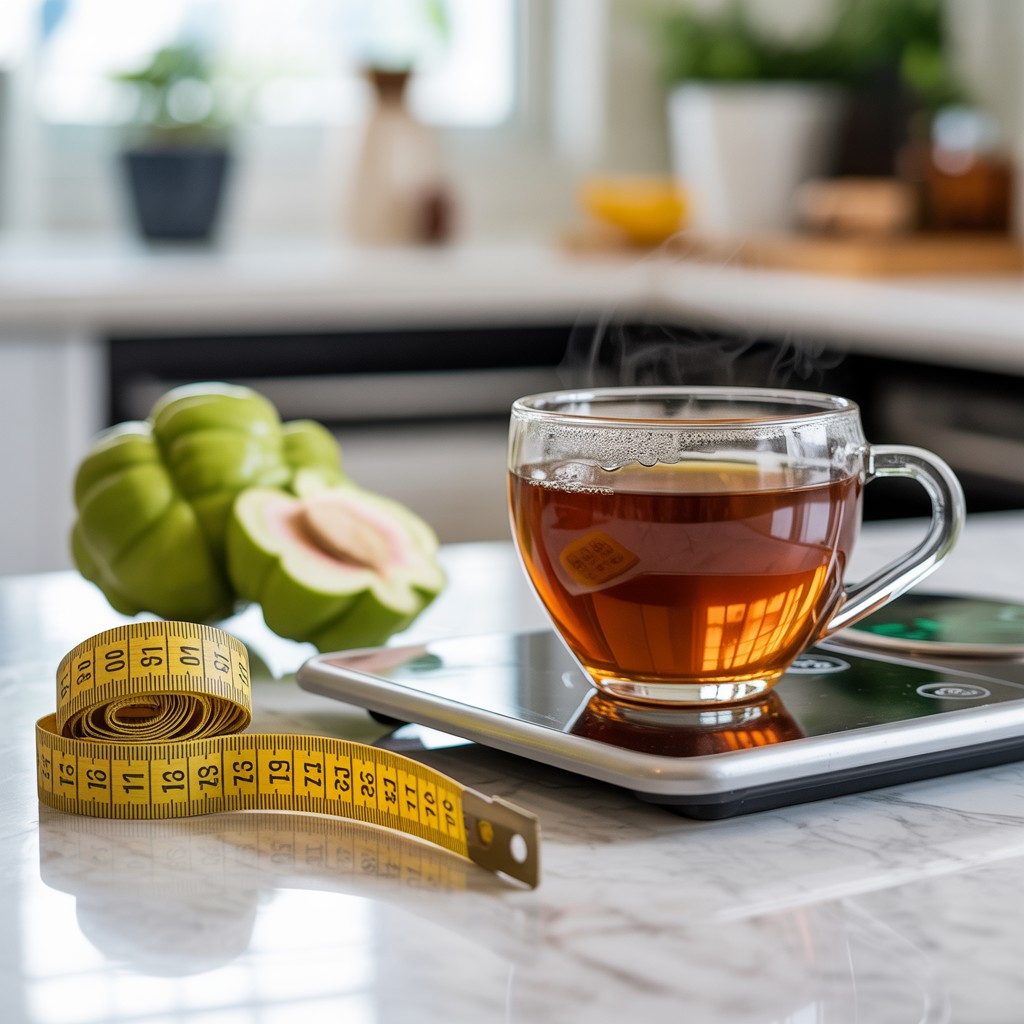 Xícara de chá de Garcínia Cambogia fumegante em balança eletrônica, com goiabas frescas e fita métrica sobre mármore, simbolizando perda de peso saudável e nutrição natural