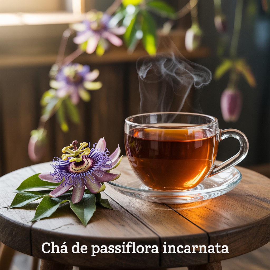Chá de Passiflora incarnata.Xícara de vidro com chá de Passiflora incarnata fumegante, cor âmbar, ao lado de uma flor-da-paixão roxa e branca, sobre uma mesa de madeira em um ambiente rústico com videiras ao fundo.