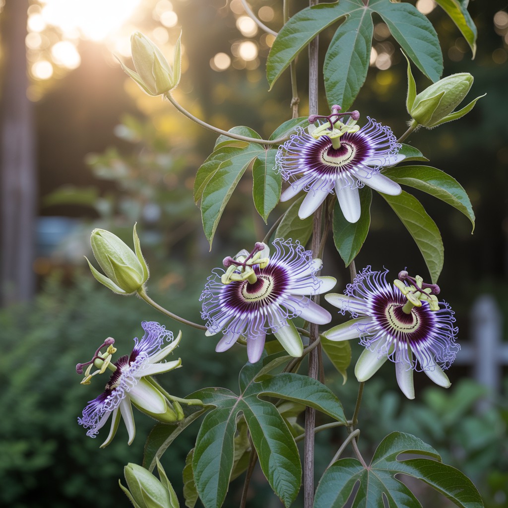 Chá de Passiflora incarnata.Close-up de flores roxas e brancas de Passiflora incarnata em uma trepadeira, com folhas verdes exuberantes em um jardim, iluminadas suavemente, destacando detalhes intrincados para o chá de Passiflora incarnata.