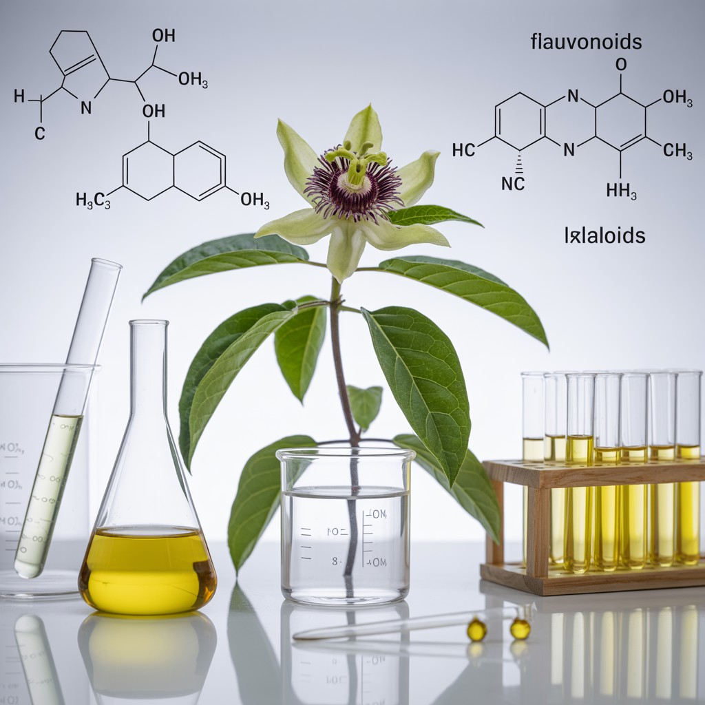 Chá de Passiflora incarnata.Imagem de estúdio com uma flor-da-paixão (Passiflora incarnata) em um béquer de vidro, cercada por materiais de laboratório como tubos de ensaio e pipetas contendo líquido amarelo, com diagramas moleculares de flavonoides e ixlaloides, destacando a análise química do chá de Passiflora incarnata.